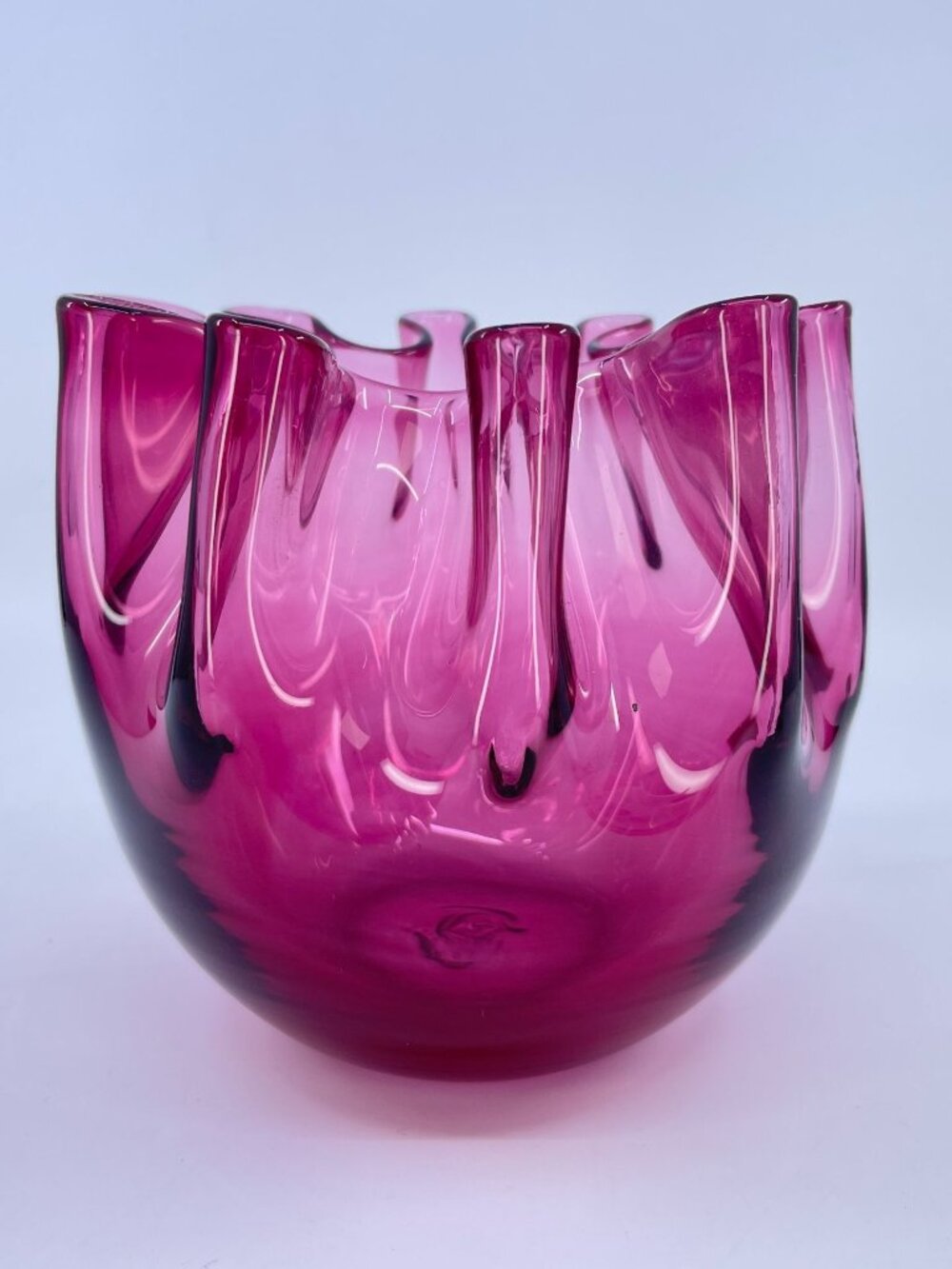 vintage pilgrim handblown art glass cranberry pink vase with ruffled edge design